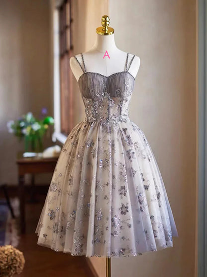 Gray Tulle Sequins Short Party Dress Cute Spaghetti Strap Backless Evening Dress
