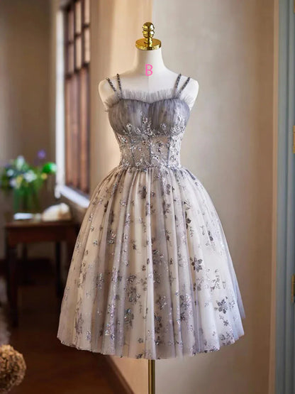 Gray Tulle Sequins Short Party Dress Cute Spaghetti Strap Backless Evening Dress