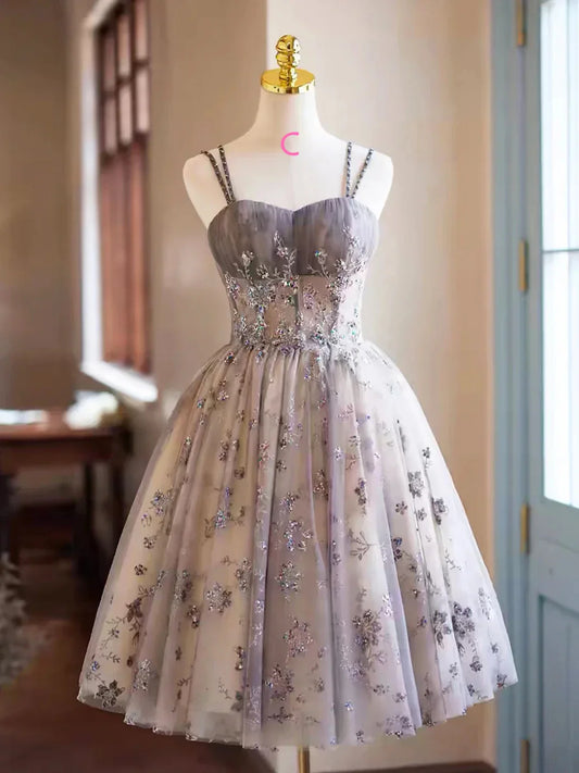 Gray Tulle Sequins Short Party Dress Cute Spaghetti Strap Backless Evening Dress