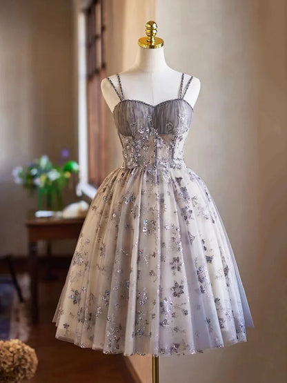 Gray Tulle Sequins Short Party Dress Cute Spaghetti Strap Backless Evening Dress