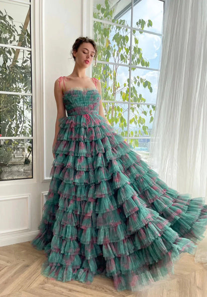 Glamorous Tiered Tulle Spaghetti Strap Lace-Up Back Maxi Evening Gown