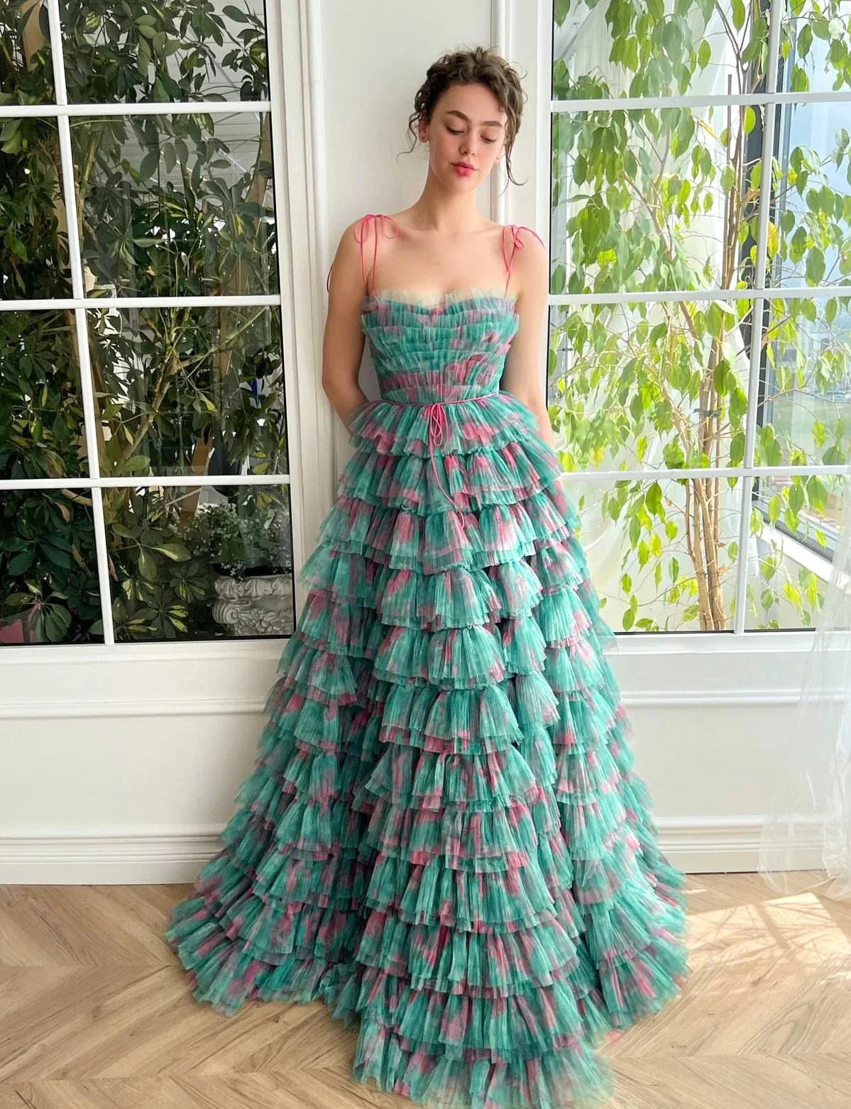 Glamorous Tiered Tulle Spaghetti Strap Lace-Up Back Maxi Evening Gown