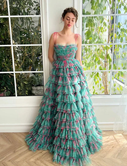 Glamorous Tiered Tulle Spaghetti Strap Lace-Up Back Maxi Evening Gown