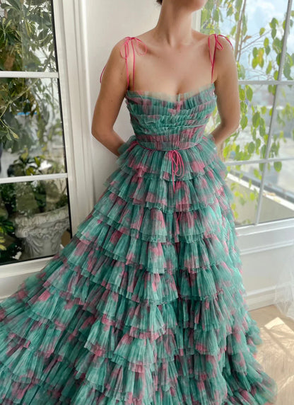 Glamorous Tiered Tulle Spaghetti Strap Lace-Up Back Maxi Evening Gown