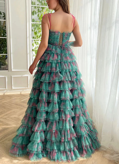 Glamorous Tiered Tulle Spaghetti Strap Lace-Up Back Maxi Evening Gown
