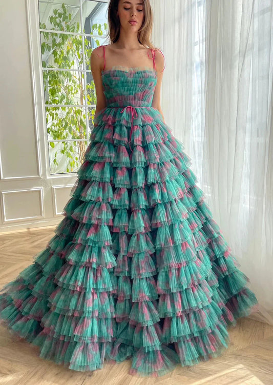 Glamorous Tiered Tulle Spaghetti Strap Lace-Up Back Maxi Evening Gown
