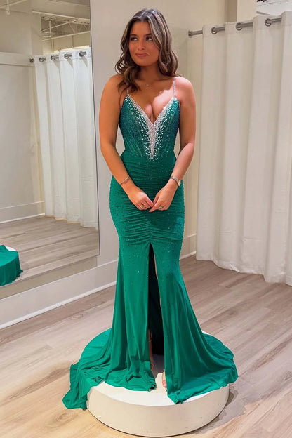 Green Beaded Fitted Prom Dress