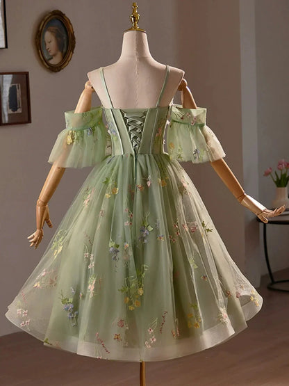Green Floral Tulle A-Line Knee Length Party Dress Lovely Spaghetti Strap Evening Prom Dress