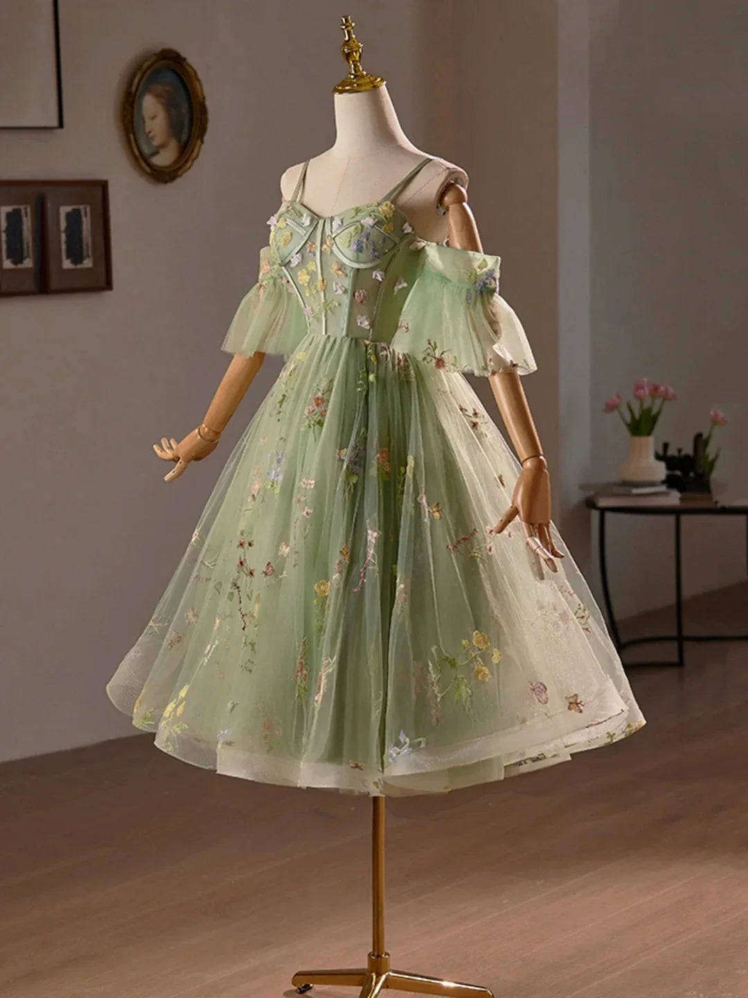 Green Floral Tulle A-Line Knee Length Party Dress Lovely Spaghetti Strap Evening Prom Dress