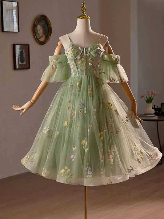 Green Floral Tulle A-Line Knee Length Party Dress Lovely Spaghetti Strap Evening Prom Dress