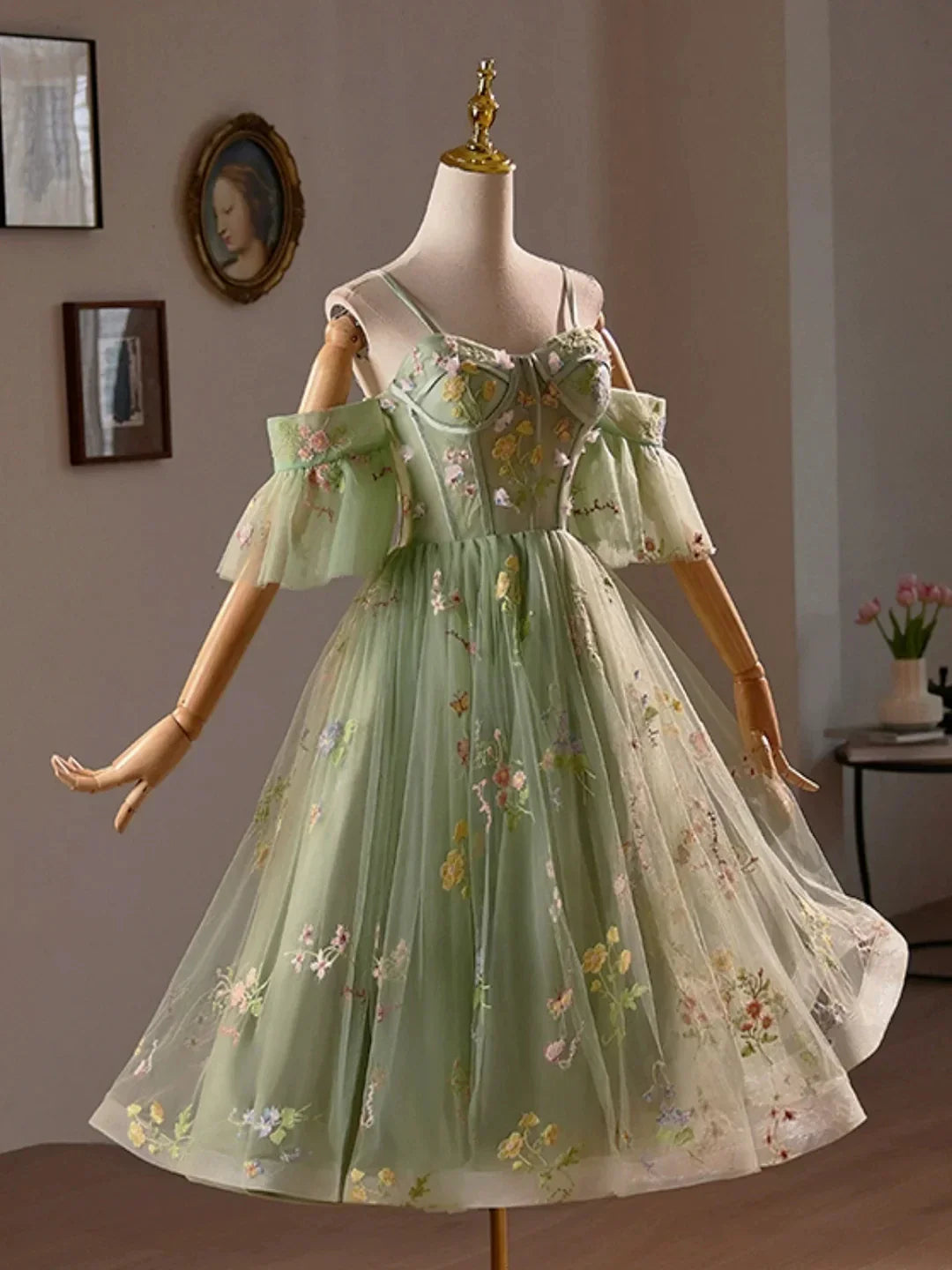 Green Floral Tulle A-Line Knee Length Party Dress Lovely Spaghetti Strap Evening Prom Dress