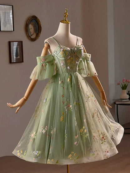 Green Floral Tulle A-Line Knee Length Party Dress Lovely Spaghetti Strap Evening Prom Dress