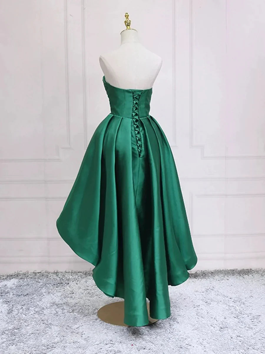 Green Satin High Low Party Dresses Strapless Green Homecoming Dresses