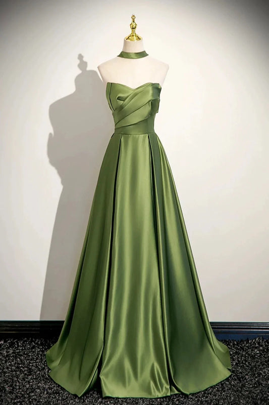 Green Satin Long Prom Dress Beautiful A-Line Strapless Evening Party Dress