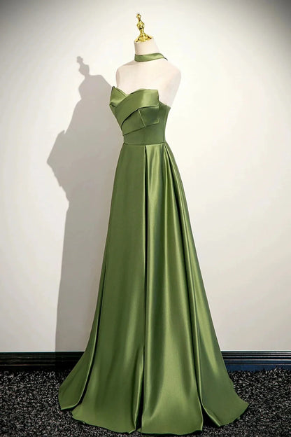 Green Satin Long Prom Dress Beautiful A-Line Strapless Evening Party Dress