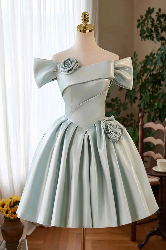 Green Satin Short A-Line Prom Dress Lovely Off the Shoulder Party Homecoming Dress