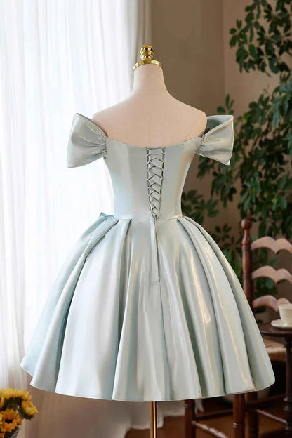 Green Satin Short A-Line Prom Dress Lovely Off the Shoulder Party Homecoming Dress