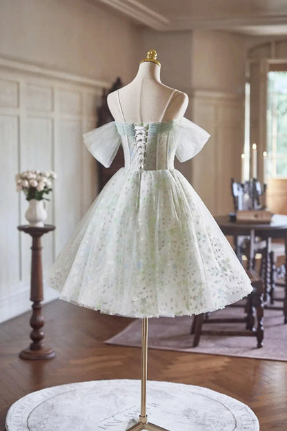 Green Tulle Knee Length A-Line Party Dress Lovely Off the Shoulder Evening Dress