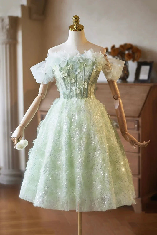 Green Tulle Sequins Short Prom Dress Lovely A-Line Evening Party Dress