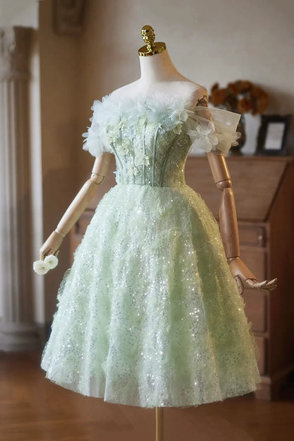 Green Tulle Sequins Short Prom Dress Lovely A-Line Evening Party Dress