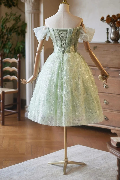 Green Tulle Sequins Short Prom Dress Lovely A-Line Evening Party Dress