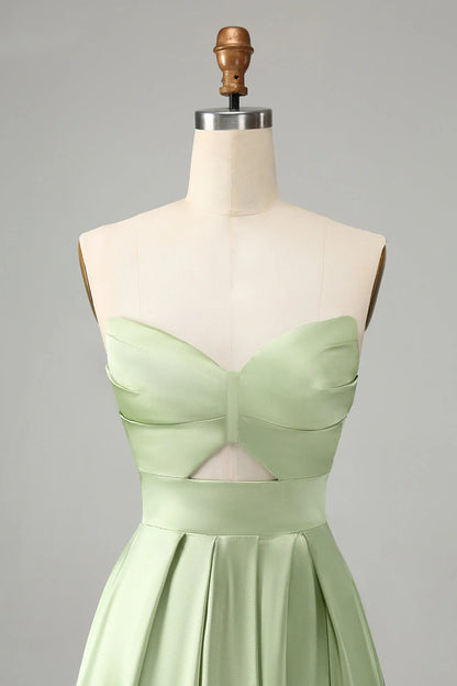 Green A-line Hollow OutLong Bridesmaid Dress With Slit