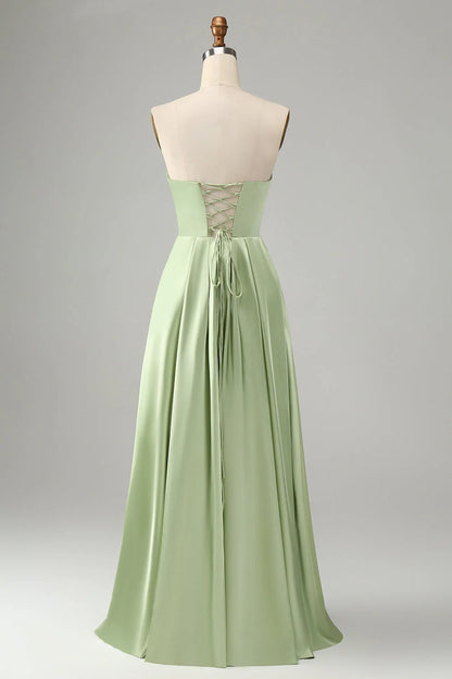 Green A-line Hollow OutLong Bridesmaid Dress With Slit