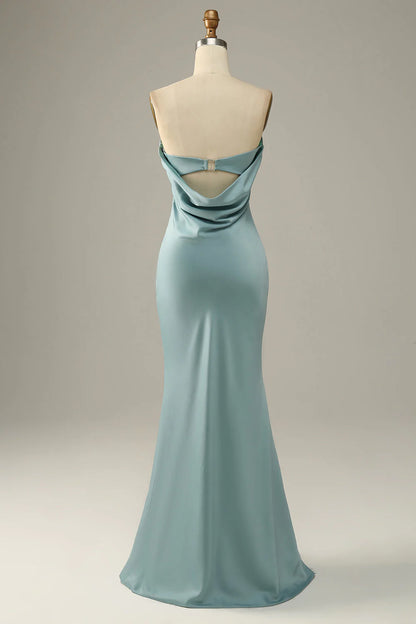 Mermaid Blue Gray Satin Bridesmaid Dress