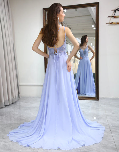 Lavender A Line Lace Dress Long Prom Dress With Slit