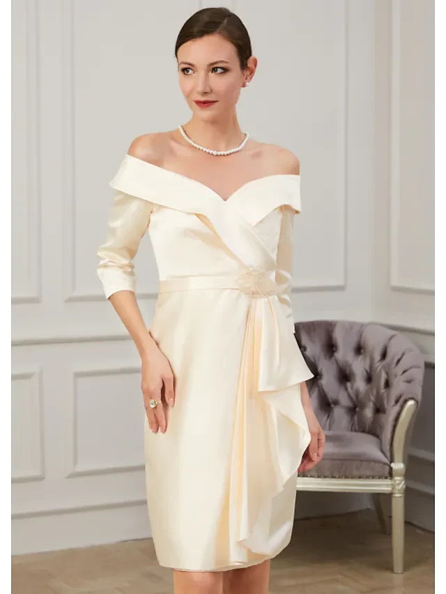 Mother of the Bride Dress Plus Size Off Shoulder Knee Length Polyester Half Sleeve with Ruffles Ruching