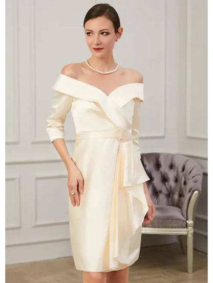 Mother of the Bride Dress Plus Size Off Shoulder Knee Length Polyester Half Sleeve with Ruffles Ruching