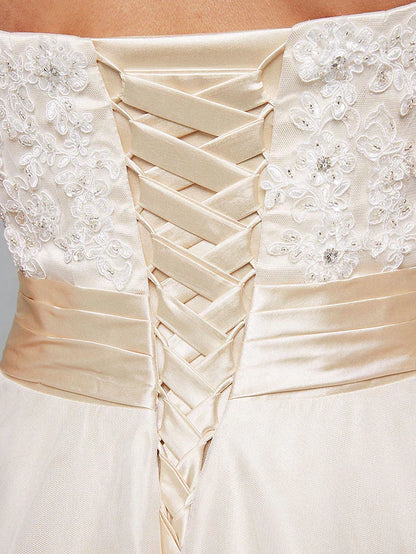 A-Line Wedding Dresses Sweetheart Neckline Asymmetrical Satin Floral Lace Strapless Simple Plus Size with Bowknot Sash Ribbon Beading