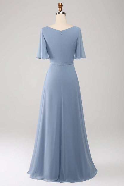 A-line V-neck Layered Chiffon Bridesmaid Dress Short Sleeve