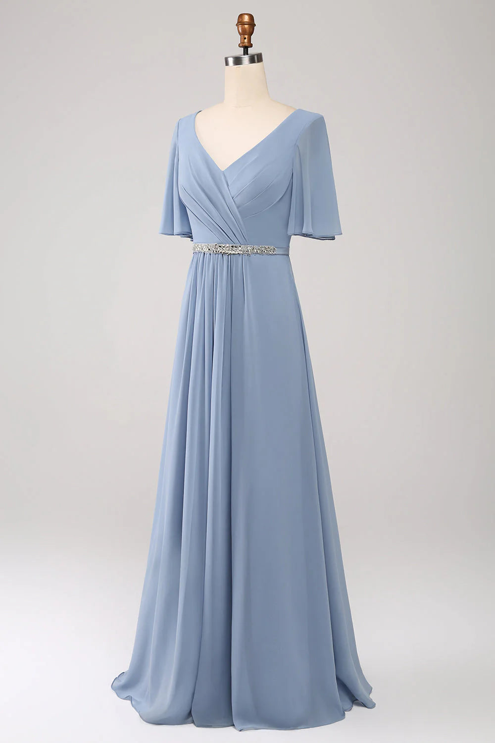 A-line V-neck Layered Chiffon Bridesmaid Dress Short Sleeve