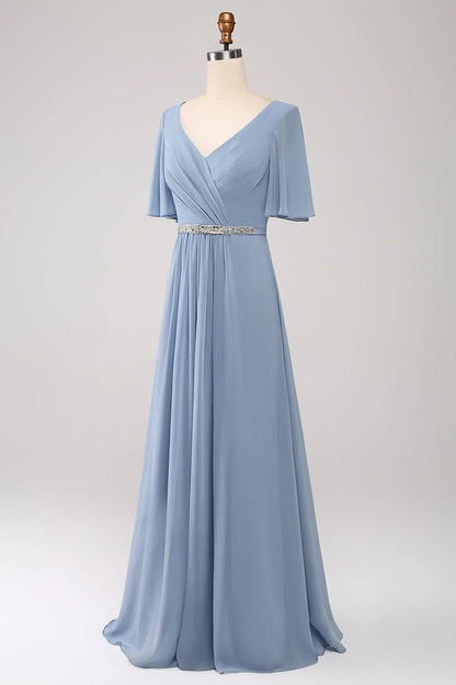 A-line V-neck Layered Chiffon Bridesmaid Dress Short Sleeve