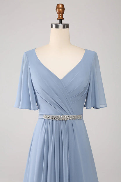A-line V-neck Layered Chiffon Bridesmaid Dress Short Sleeve