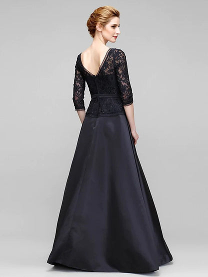 A-Line Mother of the Bride Dress Open Back V Neck Floor Length Lace Satin Half Sleeve with Lace Bow(s)