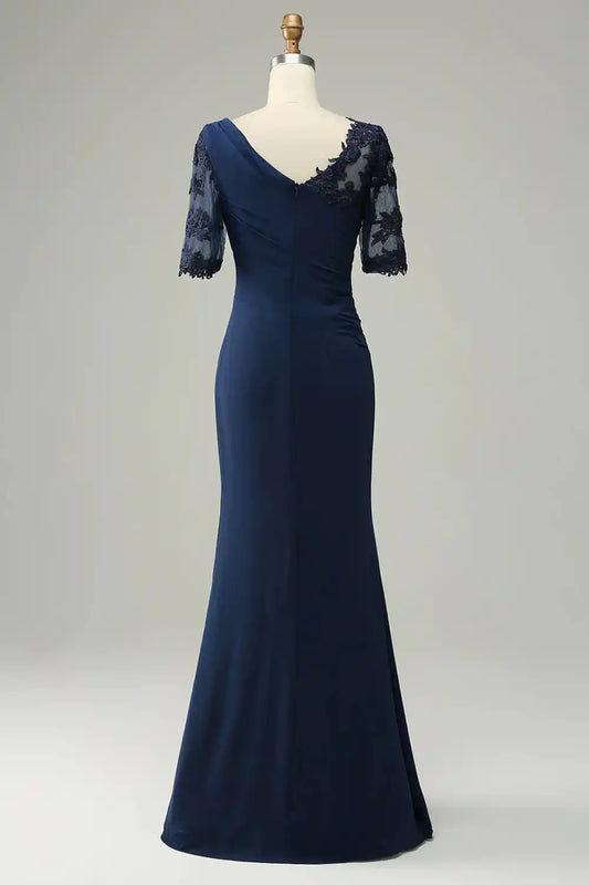 Half Sleeves Navy Blue Mother of the Bride Dress Appliques Ruffle