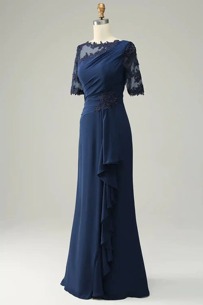 Half Sleeves Navy Blue Mother of the Bride Dress Appliques Ruffle