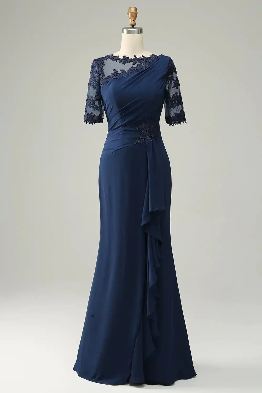 Half Sleeves Navy Blue Mother of the Bride Dress Appliques Ruffle