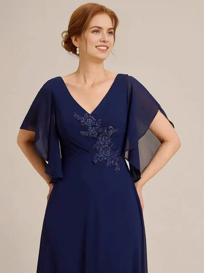 Half Sleeves Top Applique Decoration Chiffon Mother of the Bride Dress