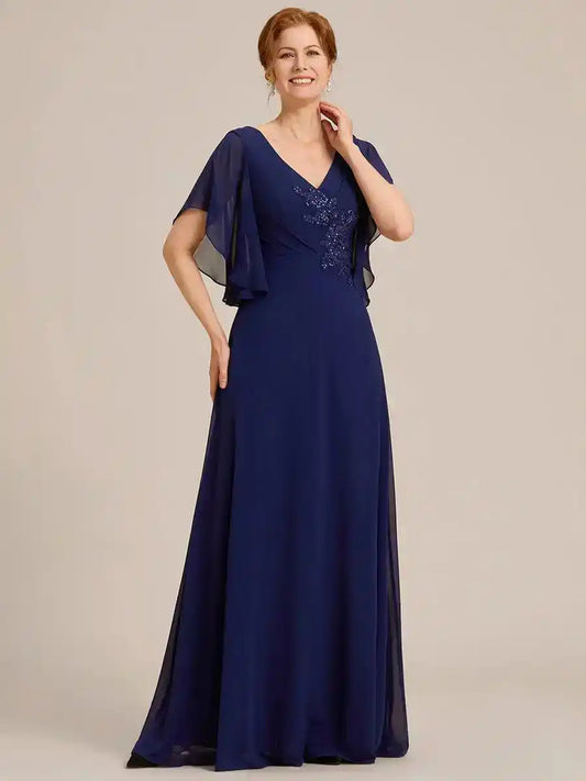 Half Sleeves Top Applique Decoration Chiffon Mother of the Bride Dress