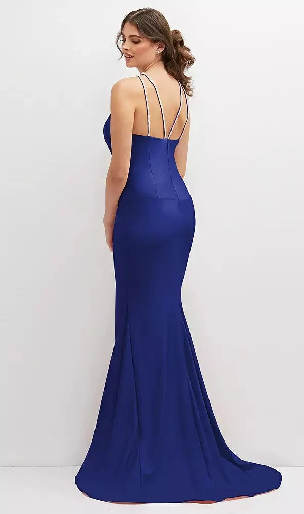 Halter Asymmetrical Draped Stretch Satin Mermaid Dress with Rhinestone Straps in Cobalt Blue