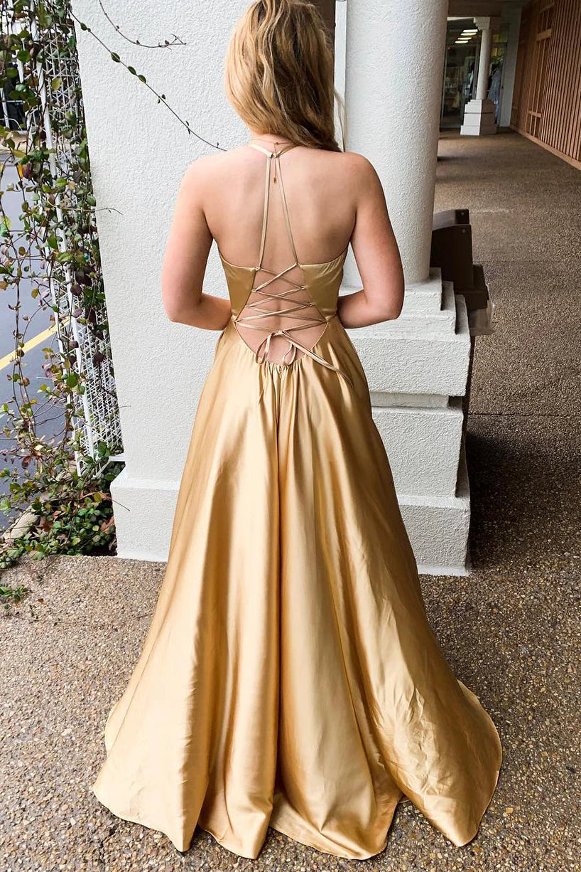 Halter Lace-Up Mesh Gold Long Prom Dress with Slit/Formal Women's Dresses