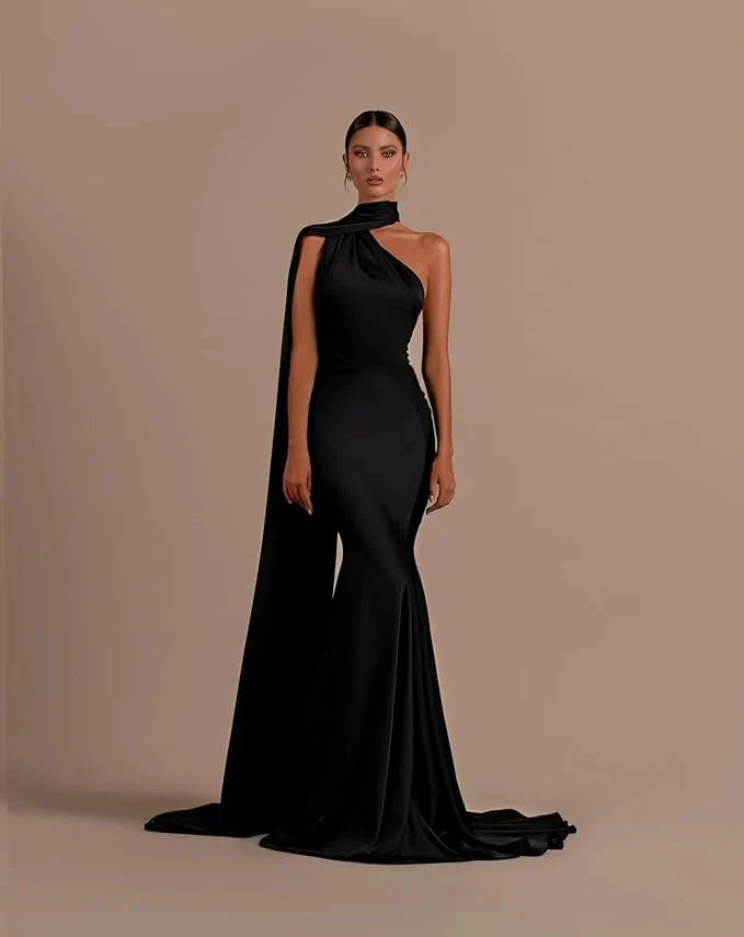 Halter Mermaid Satin Black Evening Dress Long Sleeveless