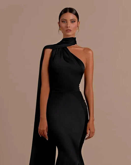 Halter Mermaid Satin Black Evening Dress Long Sleeveless