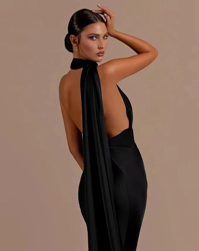 Halter Mermaid Satin Black Evening Dress Long Sleeveless