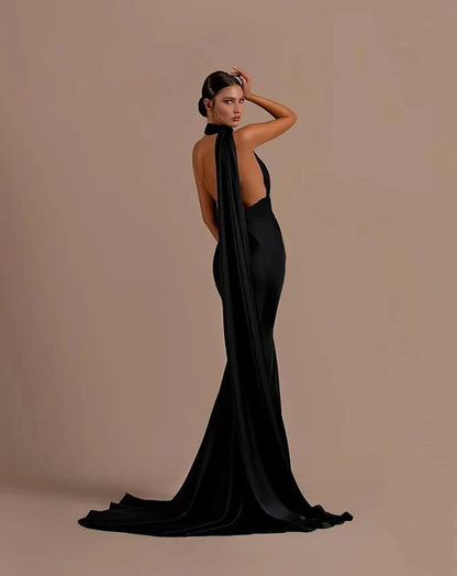 Halter Mermaid Satin Black Evening Dress Long Sleeveless