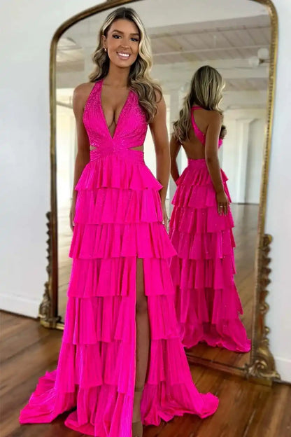 Halter Open Back Ruffle Beaded Prom Dress