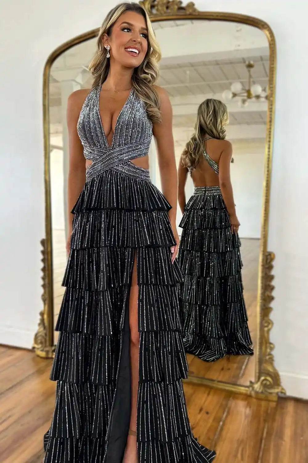Halter Open Back Ruffle Beaded Prom Dress